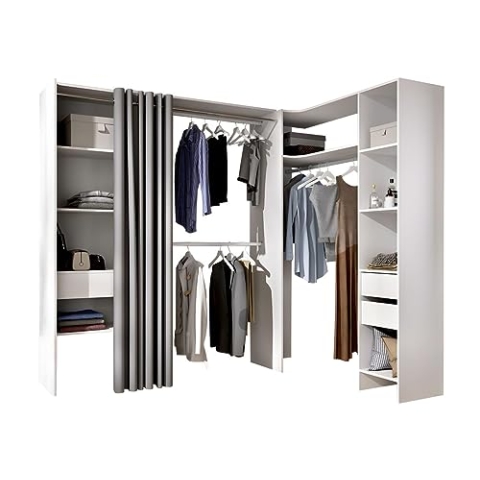 Vente-unique-Eckkleiderschrank Kleiderschranksystem - B. 164/214 cm - Weiß & Grau - GONTRAN