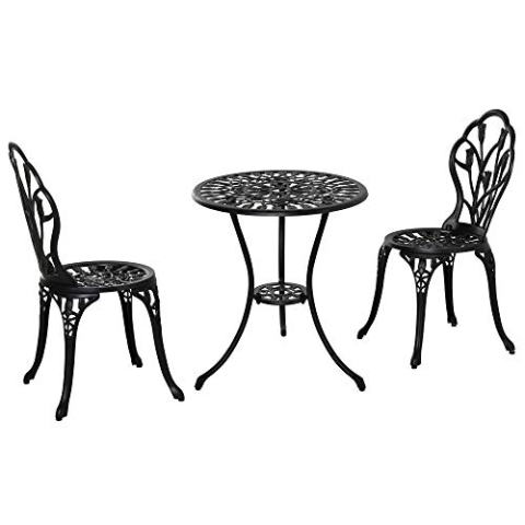 Outsunny Bistro-Set 3-teilig aus Aluminium Gartenmöbel Set mit geschnitztem Design Sitzgruppe mit Gartenstühlen Bistrotisch Schirmloch Outdoor Balkonmöbel Set Balkonset Gartengarnitur Schwarz