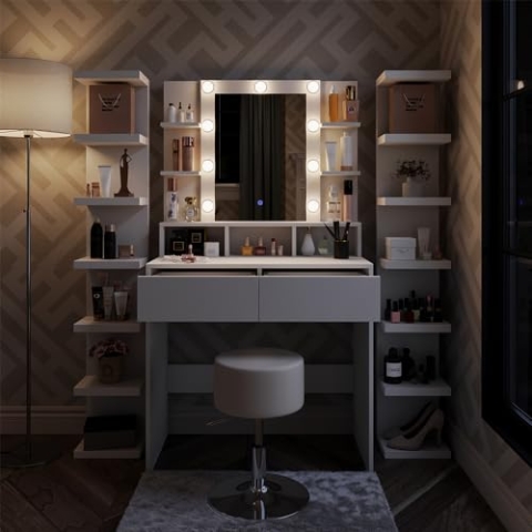 Vicco Schminktisch Taylor, Kosmetiktisch mit Spiegel, Weiß, 80 cm mit LED Beleuchtung und Hocker