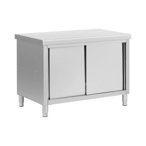 Royal Catering Edelstahl-Arbeitsschrank mit Durchreiche 120 x 70 cm 1 Einlegeboden 500 kg max. Tragkraft verstärkte Oberfläche höhenverstellbare Füße Durchreicheschrank Edelstahlschrank Gastro