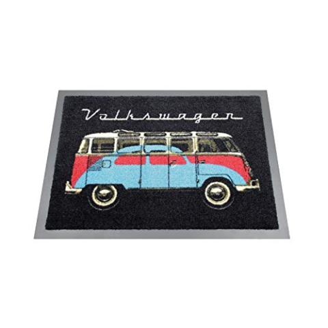 BRISA VW Collection - Volkswagen Fuß-Matte-Tür-Vorleger-Schuh-Schmutzfang-Abstreifer mit T1 Bulli Bus Motiv (Bus & Käfer/Schwarz)