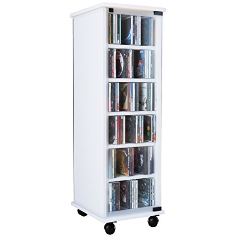 VCM CD Regal Holz | CD Schrank mit ESG-Sicherheitsglastüren für 204 CDs oder 72 DVDs | Maße: H. 98 x B. 31 x T. 35 cm | Elegantes DVD Regal mit Rollen | Blu ray Regal | CD Regal - Valenza Weiß