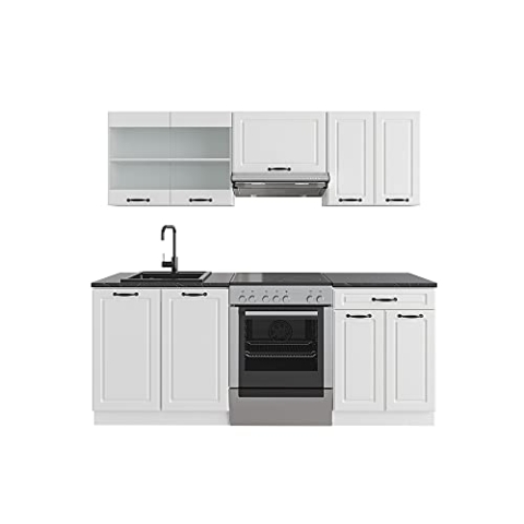 Vicco Küchenzeile R-Line, Weiß Landhaus/Weiß, 200 cm ohne Arbeitsplatte