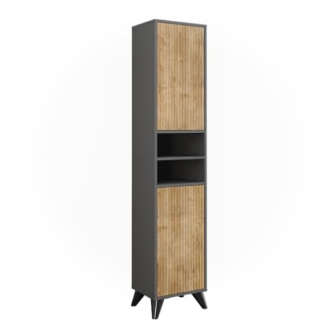 Vicco Badschrank Leano, Badezimmerhochschrank, Anthrazit/Bergeiche, 38 x 180 cm mit 2 Türen