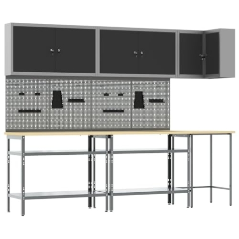 vidaXL Höhenverstellbarer Ecktisch zur Werkzeuglagerung | Robuster Stahl und Holzmaterial perfekt für Werkstatt & Garage mit großzügigem, modernem Industrie-Design inklusive Pegboard-Haken