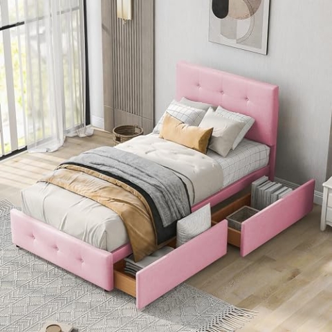 okwish Polsterbett 90 x 200 cm Bett, Stauraumbett mit 2 Schubladen, Gepolstertes Bettgestell mit Lattenrost aus Samt Einzelbett Kinderbett Jugendbett Gästebett Dunkelrosa (ohne Matratze)
