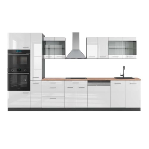 Vicco Küchenzeile R-Line, Weiß Hochglanz/Anthrazit, 350 cm mit Hochschrank, AP Eiche