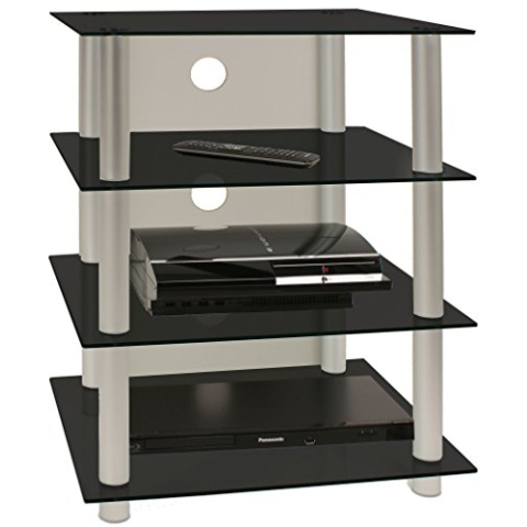 VCM HiFi Möbel | Rack Schrank Phono Regal | Alusäulen Glasböden | Maße H. 70 x B. 59 x T. 49 cm | Phono Mediaregal - Blados Schwarzglas