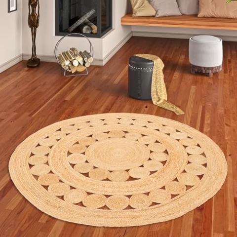 Runder Jute Teppich Salsa - Handgefertigt aus strapazierfähiger Naturfaser - Schlichtes Design mit geflochtenem Muster - Verschiedene Größen verfügbar