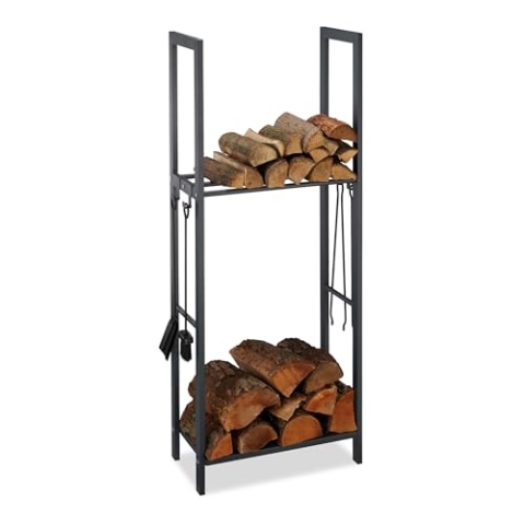 Relaxdays, anthrazit Kaminholzregal mit 2 Ablagen, aus Stahl, 4 Haken für Kaminbesteck, Brennholzregal HBT 150x60x30 cm, 150 x 60 x 30 cm