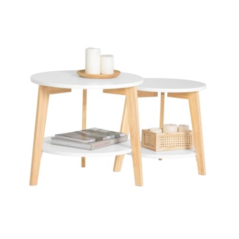 SoBuy 2er Set Beistelltisch mit runden Ablagen Satztisch Couchtisch Sofatisch Kaffeetisch Wohnzimmertisch Kautschukholz Weiß/Natur FBT75-W
