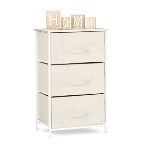 Relaxdays Regalsystem, 3 Stoff-Schubladen, universale Schubladenbox, Metall und Holz, HxBxT: 73 x 45 x 30 cm, beige, Design A
