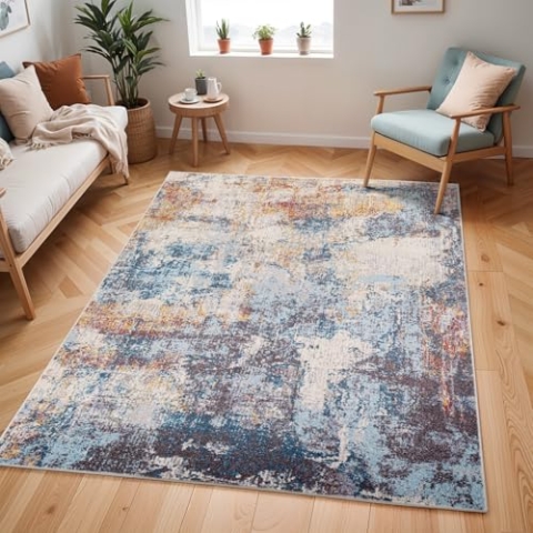 Livabliss Clearwater Wohnzimmer Teppich modern – Abstrakt Design in Marmor Optik für Wohnzimmer 160x213 cm, Esszimmer, Schlafzimmer - Marmor Teppich groß, weicher Teppich Kurzflor, Blau und Elfenbein