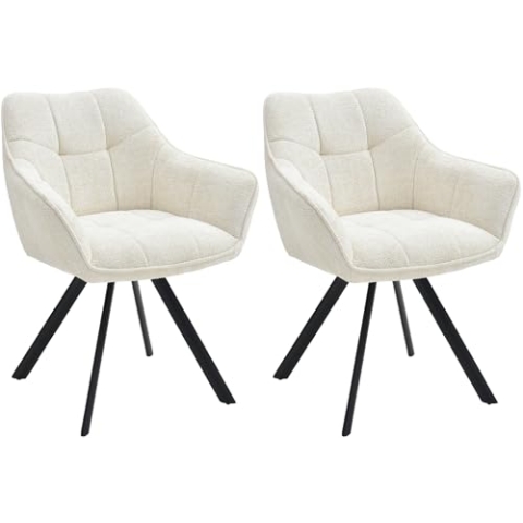 CLP 2er Set Esszimmerstuhl Scott I 180° drehbar & mit Rückstellfunktion I Sessel mit Metallgestell und Bodenschonern I Samt oder Stoff, Farbe:Creme, Material:Stoff
