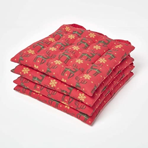 Homescapes rote Sitzauflagen 4er Set Weihnachten Rentier Esszimmerstuhl Kissen mit Riemen 100% Baumwolle 40 x 40 cm
