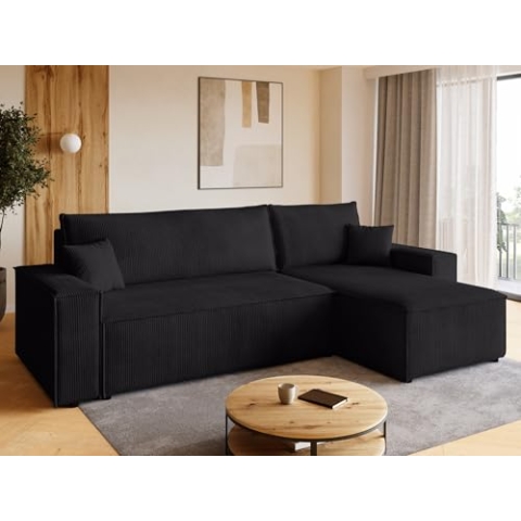 BROMARKT Sofa mit Schlaffunktion Couch L Cordstoff Sofa Bettkasten Schlafsofa für Wohnzimmer Ecksofa freistehend Adi Relaxsofa 3 sitzer 244x143x85 cm Schwarz