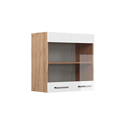 Vicco Küchenglasschrank R-Line, Glashängeschrank, Weiß Hochglanz/Goldkraft Eiche, 60 cm