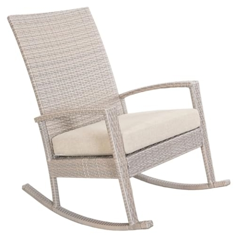 Ogarden Rocking Chair, Garten schaukelstuhl wetterfest, Poly Rattan Outdoor Schaukelstuhl, Schaukelsessel mit Kissen, für Garten, Terrasse, Balkon, Gartenstuhl (Creme - Khaki Kissen)