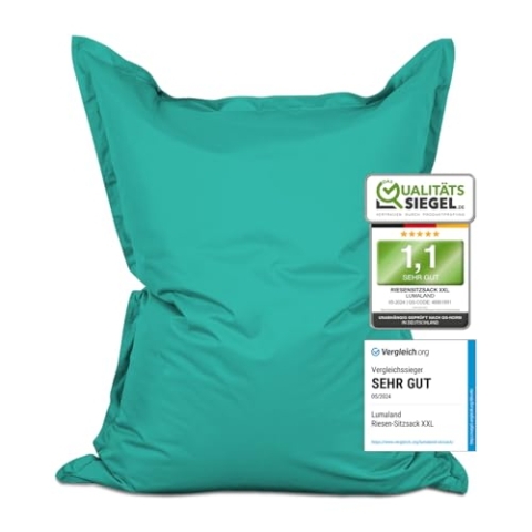 Lumaland Riesen-Sitzsack XXL 140x180 cm | Wasserfestes Indoor & Outdoor Liegekissen mit über 3 Mio. anpassungsfähigen EPS-Perlen | Bean Bag mit waschbarem Bezug [Türkis]