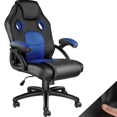 tectake® Racing Bürostuhl, Gaming Stuhl mit Wippfunktion, Chefsessel, Drehstuhl mit Rollen, höhenverstellbarer Schreibtischstuhl, Bürostuhl ergonomisch, PC Stuhl - schwarz/blau