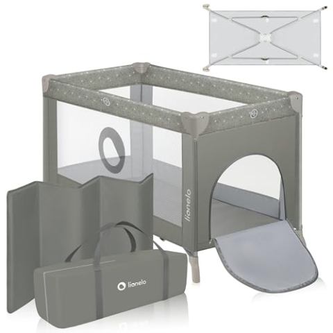 LIONELO Stefi Baby Laufstall, Kinderbett, Reisebett ab Geburt bis 15 kg, Seiteneingang, Sicherungssystem LockGuard, Blockade der Räder, Tragetasche, zusammenklappbar