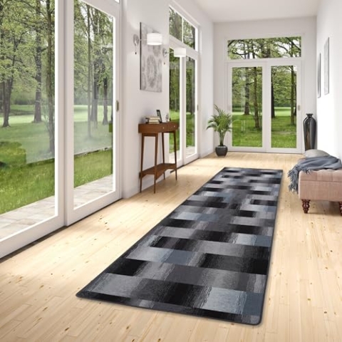 Snapstyle Designer Velours Läufer Teppich Mystic Karo Blau Grau in 9 Größen