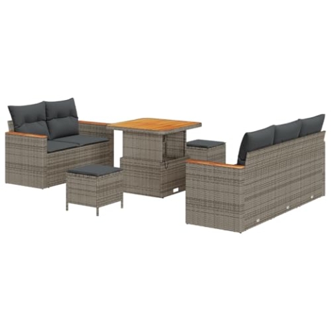vidaXL 8-Teiliges Garten Sofa Set mit Kissen Grau Poly Rattan Akazie, 3-Teiliges Garten Essenset mit Kissen Grau Poly Rattan Akazie