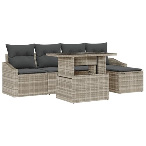 vidaXL 6-teiliges Garten Sofa Set mit Kissen in Hellgrau | Poly Rattan | Outdoor-Möbel zum Entspannen | Platz für bis zu 5 Personen | Ideal für Balkone und Terrassen | Modulares Sofa