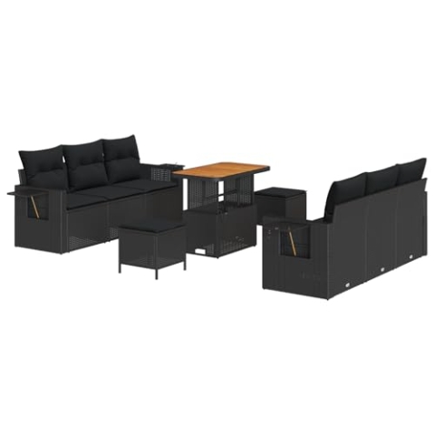 vidaXL 9-teiliges Garten Sofa Set mit Kissen Schwarz Poly Rattan Akazie, 3-teiliges Garten Essset mit Kissen Schwarz Poly Rattan Akazie