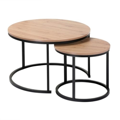 CALICOSY - 2 runde Couchtische Ausziehtische - Holzoptik - Melaminbeschichtete FSC Spanplatten - Metallbeine - Modulares Design - Wohnzimmer - B 70 x T 70 x H 45,5 cm - B 45 x T 45 x H 40,5 cm
