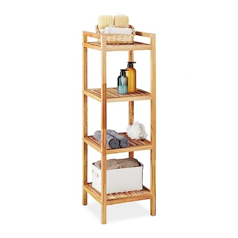 Relaxdays Storage Unit Badregal, Walnuss, 4 Ablagen, HxBxT: 110 x 35 x 35 cm, Standregal für Badezimmer & Küche, freistehend, Natur, Holz
