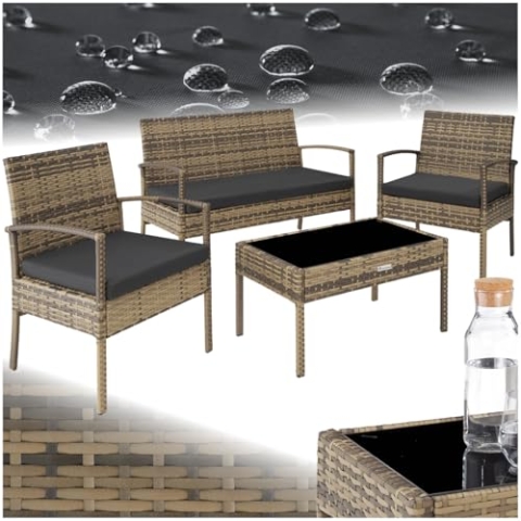 tectake® Poly Rattan Gartenmöbel wetterfest, Gartenset mit 2X Sessel, 1x Gartenbank, 1x Tisch, Outdoor Lounge Möbel Set für Garten, Terrasse und Balkon - Natur