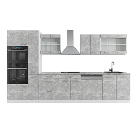 Vicco Küchenzeile R-Line, Beton/Weiß, 350 cm mit Hochschrank, AP Marmor