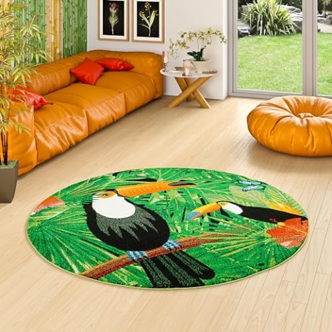 Pergamon Designer Teppich Faro Tropical Tukan Grün Rund in 3 Größen
