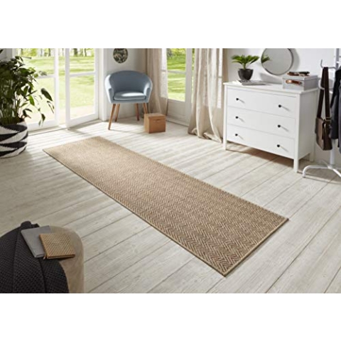 BT Carpet Nature Läufer In- und Outdoor – Schlingen Küchenläufer rutschfest Flachgewebe Kurzflor Woll-Optik Fineloop Küchenteppich für Flur, Garten, Terrasse, Badezimmer – Beige Terracotta, 80x450cm