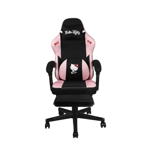 Konix Hello Kitty Gaming - Bürostuhl - Sitzneigung 150° - Stoffbezug - Gestell aus Holz und Metall - Kissen - Fußstütze - Schwarz und Rosa