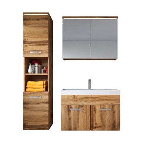 Badezimmer Badmöbel Set Paso LED 80cm Waschbecken Eiche - Unterschrank Hochschrank Waschbecken Spiegelschrank