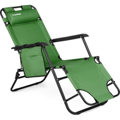 Outtec Klappbare Sonnenliege Liegestuhl Klappliege Gartenliege mit verstellbarem Kopfpolster & Rückenlehne – Campingstuhl – Balkon – Gartensessel – Fußablage - Camping Stühle (Grün)