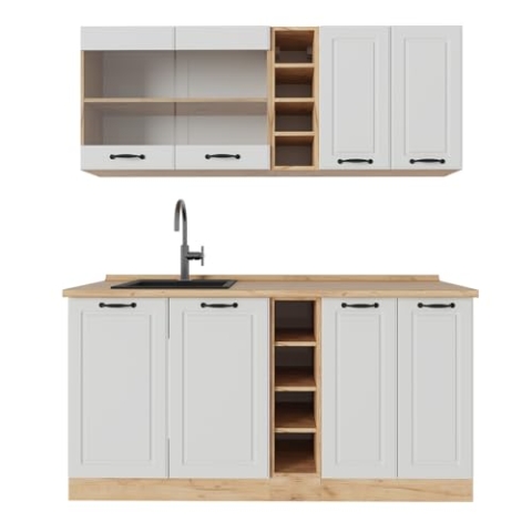 Vicco Singleküche R-Line, Weiß Landhaus/Goldkraft Eiche, 160 cm, AP Eiche