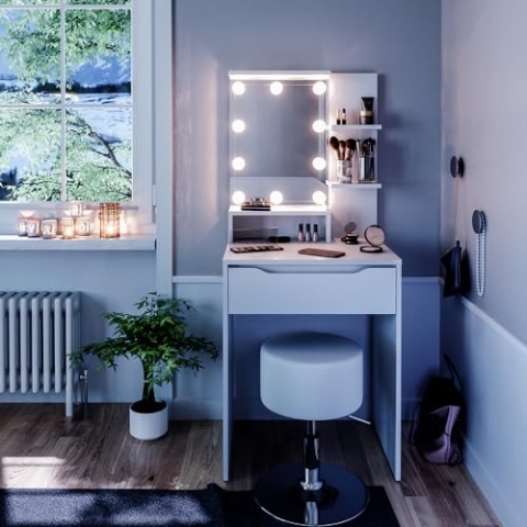 Vicco Schminktisch Ruben, Kosmetiktisch mit Spiegel, Weiß, 60 cm mit LED Beleuchtung und Hocker