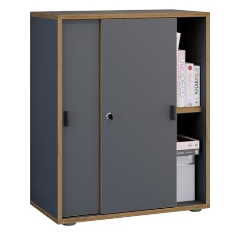 VCM Büroschrank mit 2 Fächern | moderner Aktenschrank mit Schiebetüren | Maße H. 74 x B. 60 x T. 37 cm – Salia 2-Fach Anthrazit