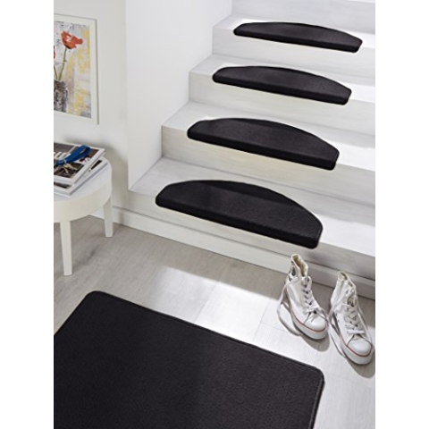 Hanse Home Stufenmatten Fancy – Treppen-Teppich Treppenmatten Selbstklebend Sicherheit Stufenteppich halbrund für Treppenstufen – Schwarz, ca. 23x65cm 15 Stück