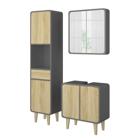 Vicco Badmöbel-Set Arla, Badezimmerschrank-Set, Anthrazit/Eiche, 3 Teile, mit Hochschrank