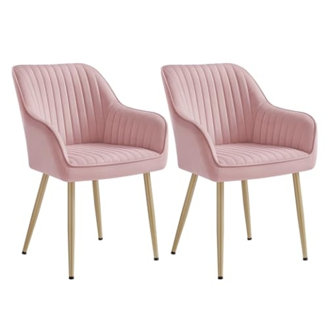 SONGMICS Esszimmerstuhl, 2er Set, Küchenstuhl, Sessel, Samt, Polsterstuhl mit Armlehnen, Loungesessel, bis 120 kg belastbar, Metallbeine, für Esszimmer, Küche, pastellrosa-blassgold LDC087R12