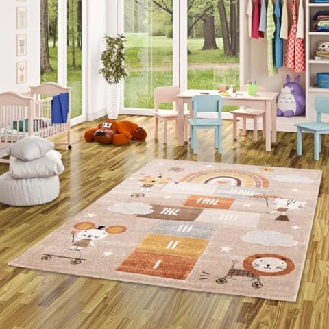 Pergamon Kinderzimmer Teppich Kurzflor Maui Kids Spielwelt mit Tieren Beige Braun in 5 Größen