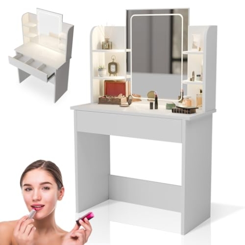 Juskys Schminktisch Zoey mit LED-Spiegel, großer Touch-LED-Spiegel mit Rahmen, Schublade & Regal, viel Stauraum, pflegeleicht & modern — Weiß