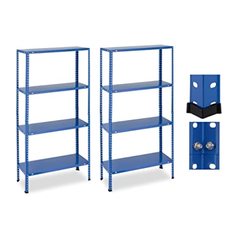 Relaxdays Schwerlastregal, 2er Set, HBT 147,5 x 75,5 x 30,5 cm, 160 kg, Stahl, 4 Ebenen, Lagerregal Keller, Garage, blau