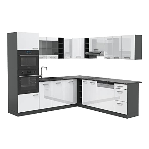 Vicco Eckküche R-Line, Weiß Hochglanz/Anthrazit, 237 x 247 cm ohne Arbeitsplatte