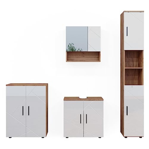 Vicco Badmöbel-Set Irma, Eiche/Weiß Hochglanz, 4 Teile, mit Hochschrank und Kommode