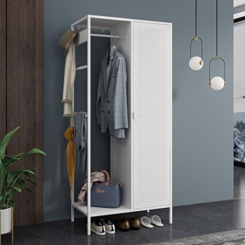 [en.casa] Kleiderschrank Puumala Garderobenschrank 180 x 80 x 45 cm Schlafzimmerschrank Metallschrank mit 4 Fächern und 1 Kleiderstange Ankleideschrank Metall Weiß
